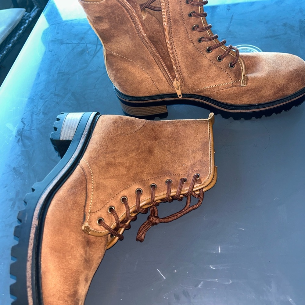Tan Suede Lace-Up Combat Boots
